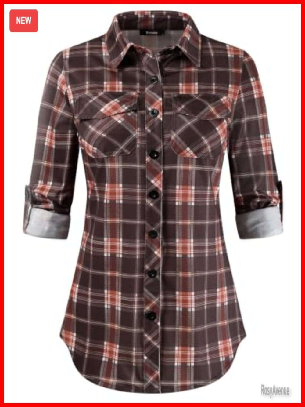 Women's Roll Up Sleeve Stretchy Knit Plaid Button Down Blouse